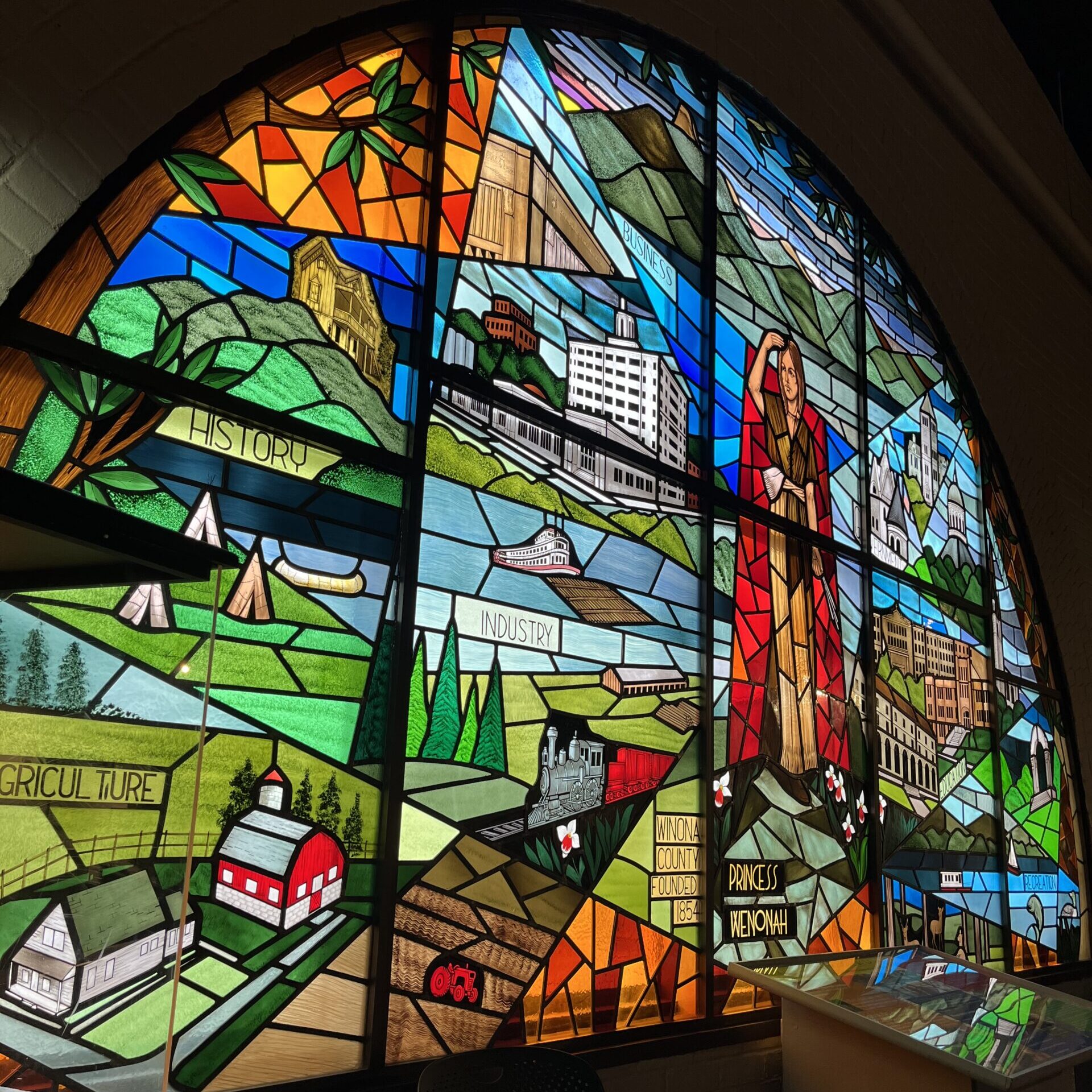 Wenonah stained glass window in Winona County History Center