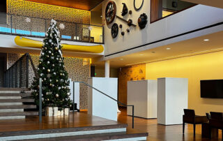 Holiday decor at Slaggie Family Lobby at Winona County History Center