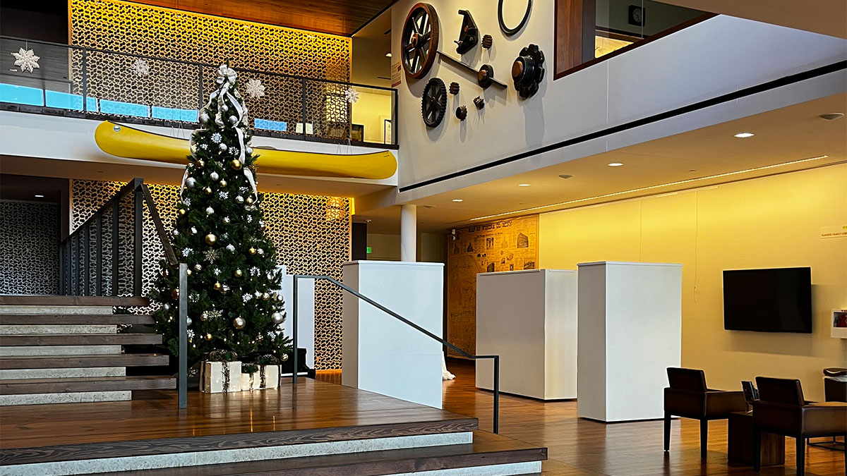 Holiday decor at Slaggie Family Lobby at Winona County History Center