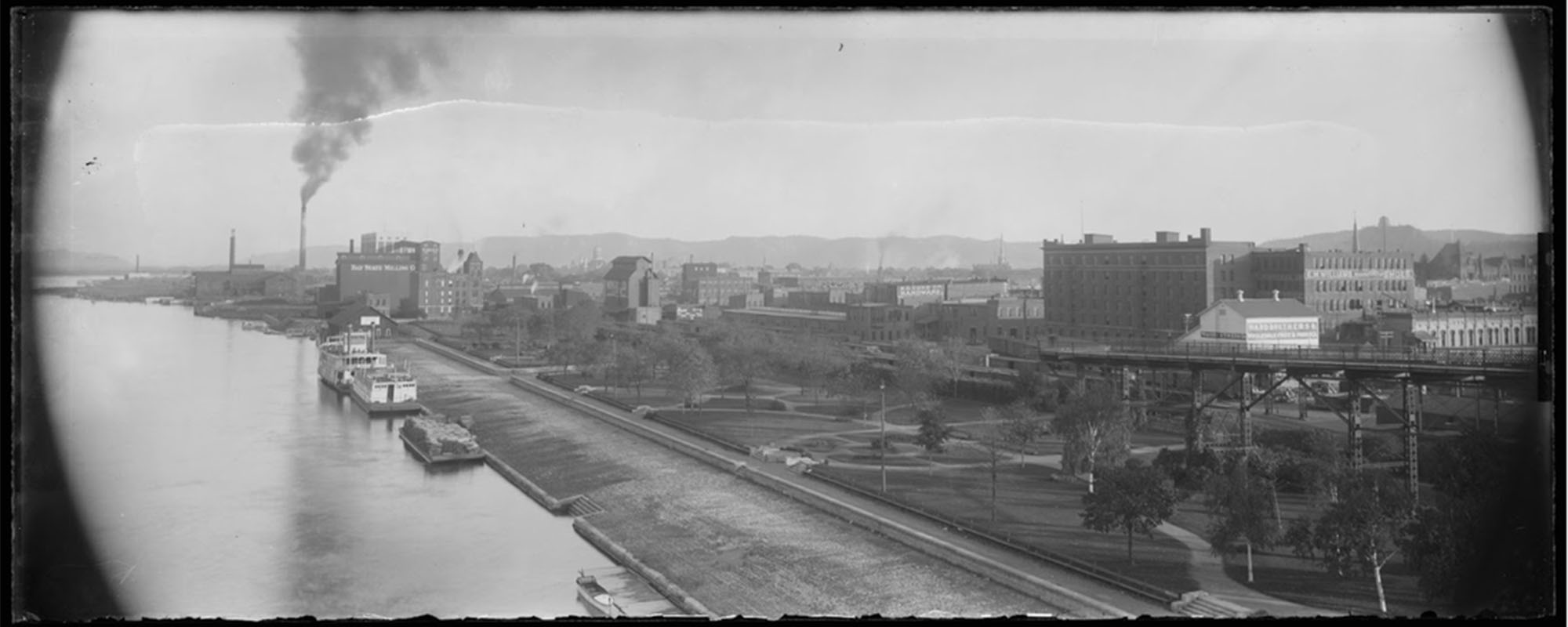 Winona County Historical Society image of Winona riverfront in panoramic