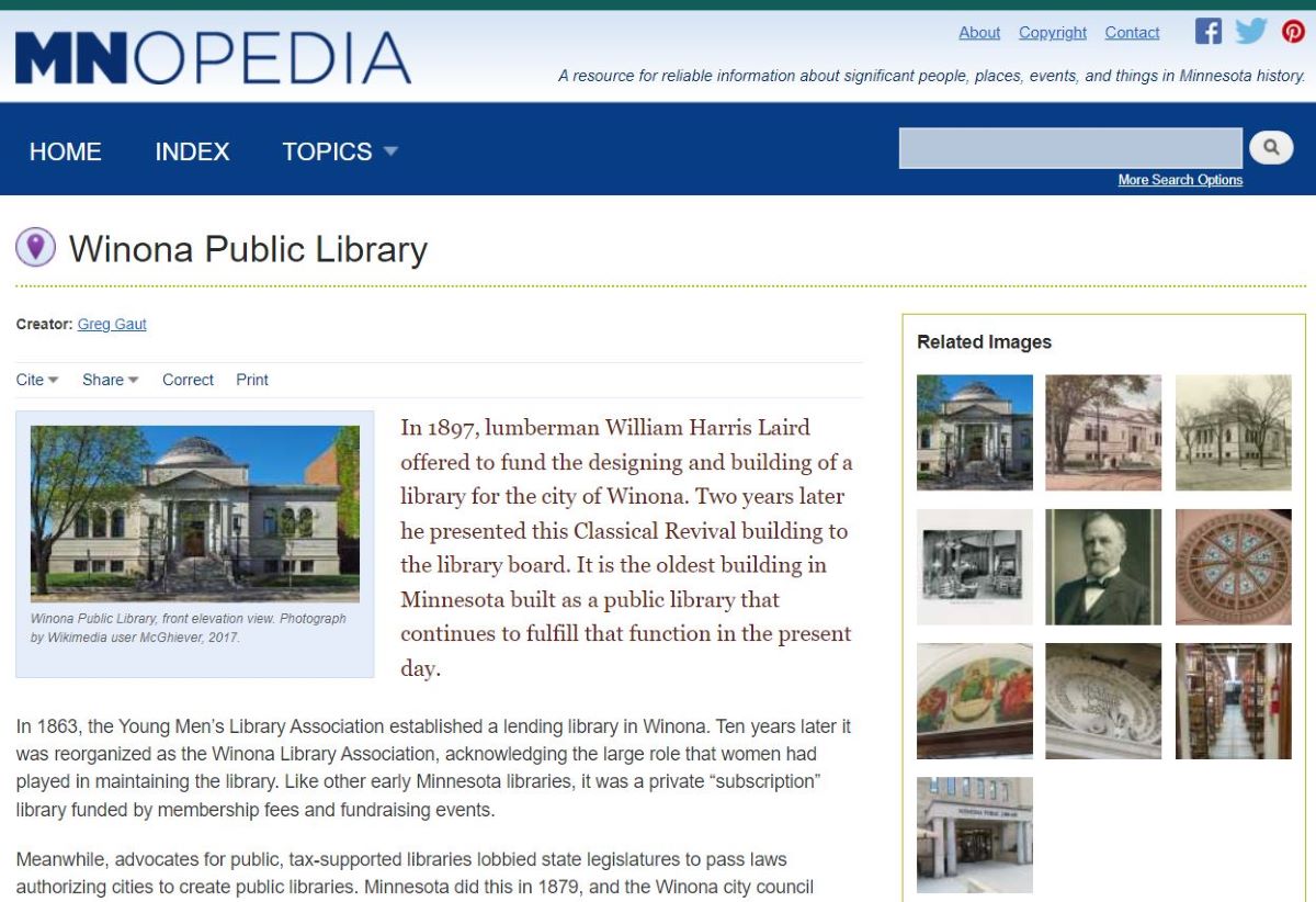 Winona County Historical Society page on MNopedia