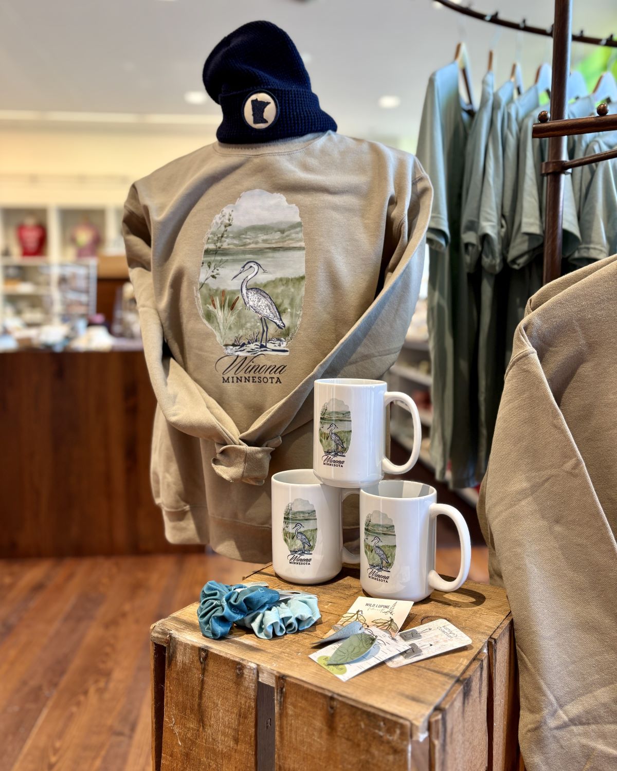 Blue heron sweatshirt at The Museum Shop, Winona County Historical Society